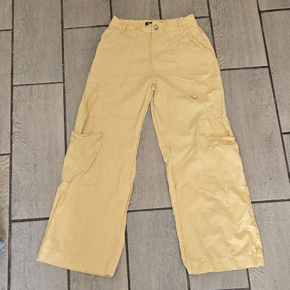 Zara Yellow High Waisted Wide Leg Cargo Pants Utility‎ Trousers Small 26